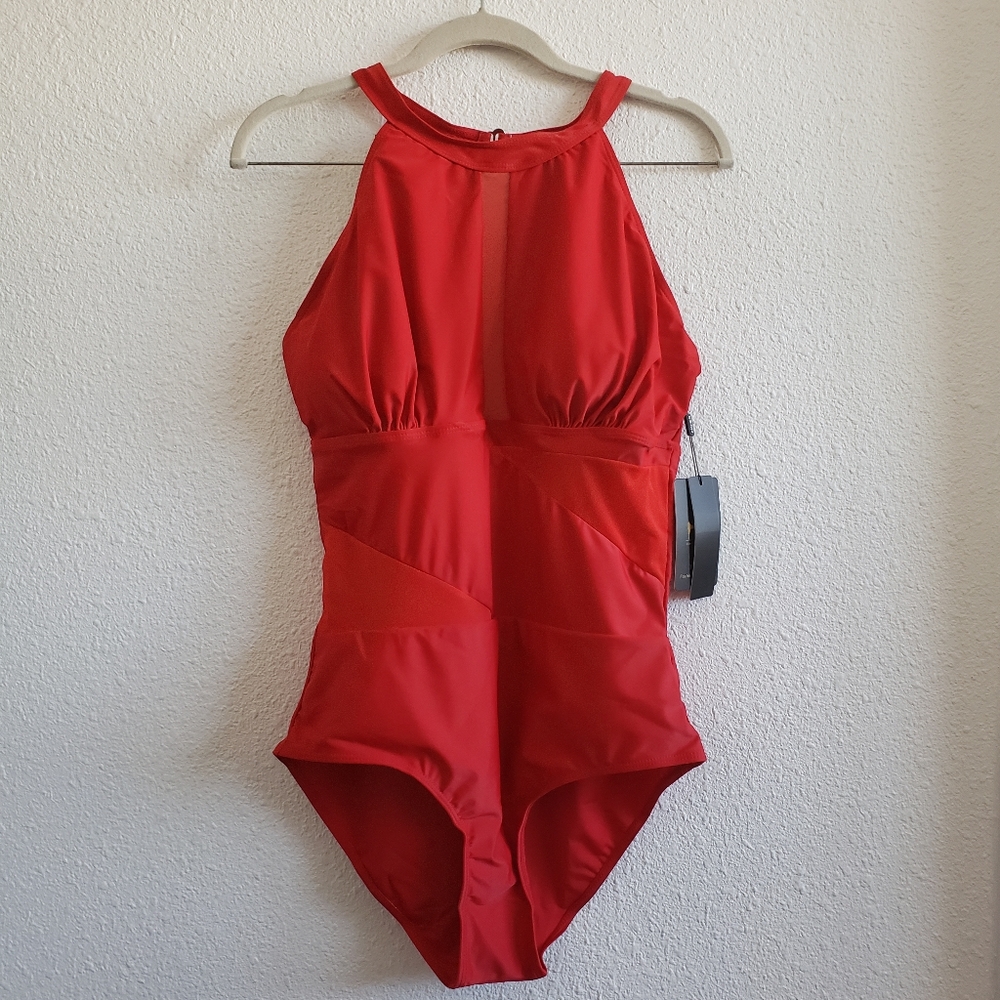 NWT Finizo Red Onepiece Mesh Insert Swimsuit#